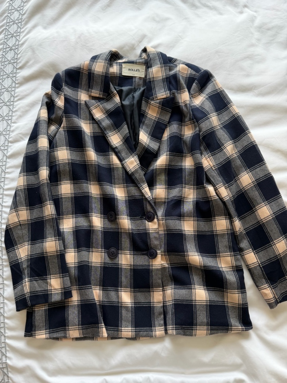 ROLLA'S Navy and Cream Plaid Double-Breasted Blazer